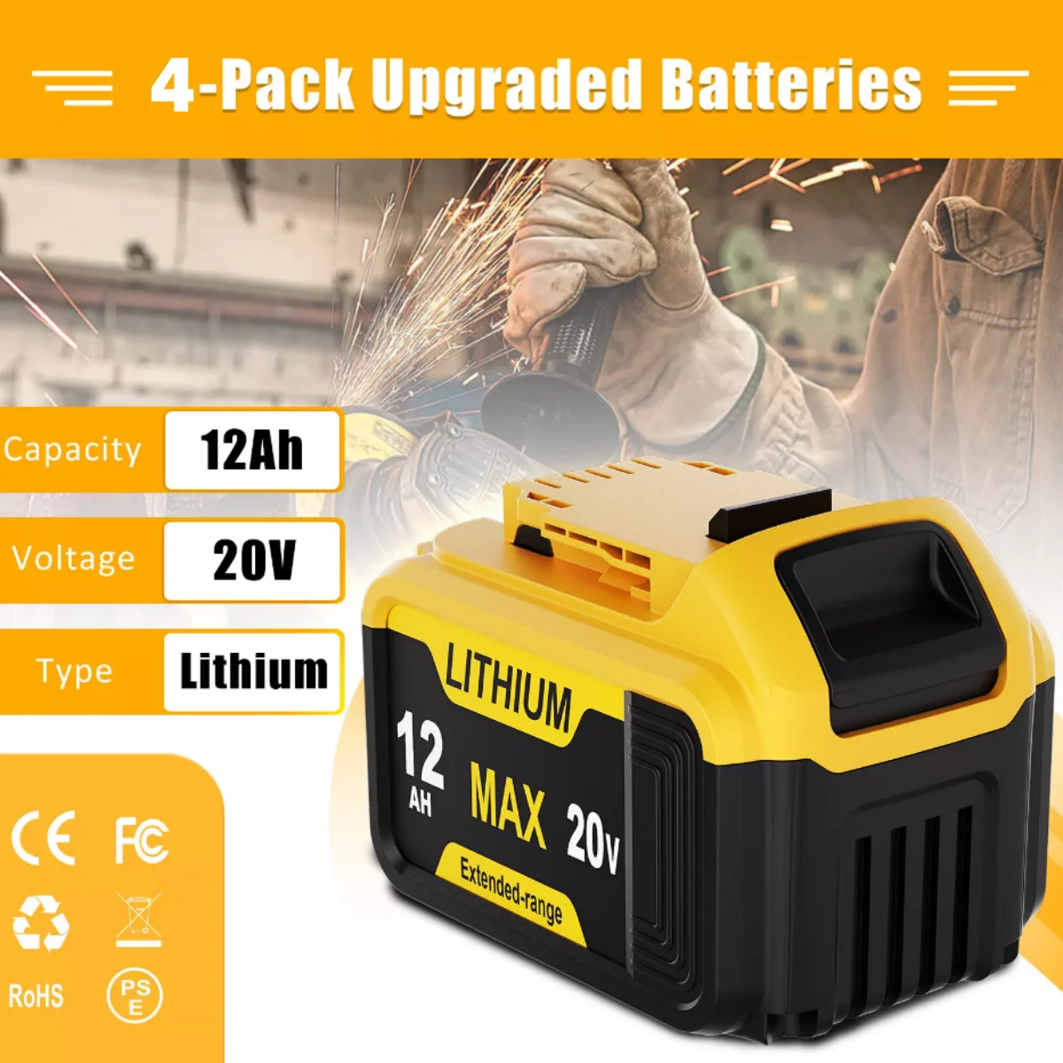 بطارية بديلة 1/2/4PACK 12Ah لأدوات Dewalt 20V Max (DCB201، DCB200، DCB204، DCB206، DCB203) - متوافقة مع Dewalt #4