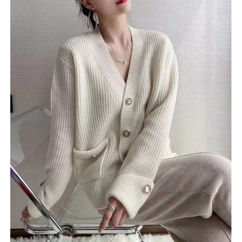 Autumn Button Pocket Knitted Cardigan Fashion Women Winter Casual Loose Coat Korean Tops Knit Sweater Outerwear Clothing 28347