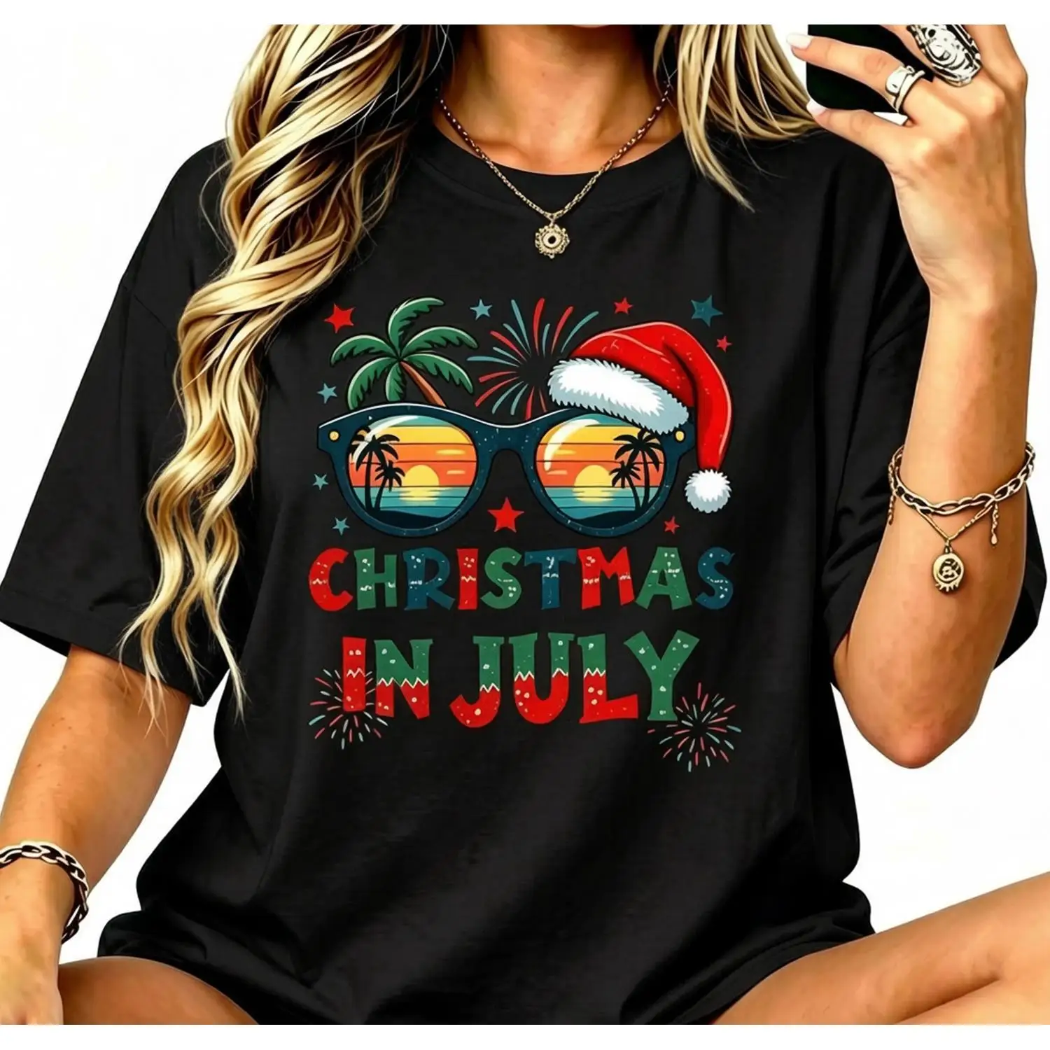 Women Christmas in July Tee Funny Sunglasses Summer Beach Hawaii Santa T-Shirt Short Sleeve