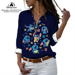 Camisa casual com estampa Anime Lilo e Stitch, manga comprida, peito único, lapela Harajuku, moda de rua, 3D, novo, Y2K