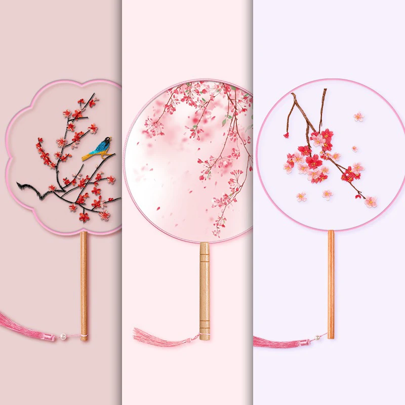 Chinese Round Hand Fan Vintage Printing Silk Fan Ancient Tassel Dance Hand Fan Cheongsam Tang Suit Wedding Party Accessories