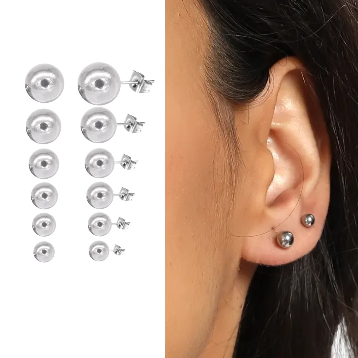 Classic 5pairs/Lots 3-4-5-6-7mm Round Ball Stud Earrings Set Silver Color Minimalist Male Female Titanium Steel Ears Piercing