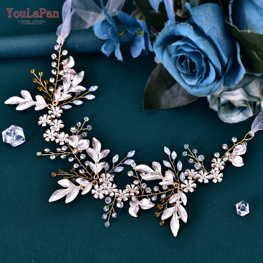 YouLaPan Wedding Headpiece for Bride Leaf Crystal Bridal Headband Wedding Hair Accessories Girl Headwear with Organza HP278