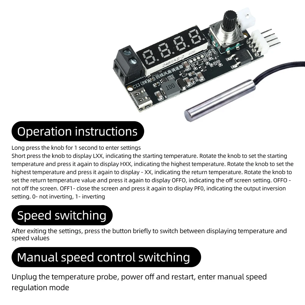 4-Draht-PWM-Lüftergeschwindigkeitsregler mit Digitalanzeige, Intelligente Temperaturgesteuerte Kühlung, 5V 12V Typ-C-Stromversorgung – Detail 9