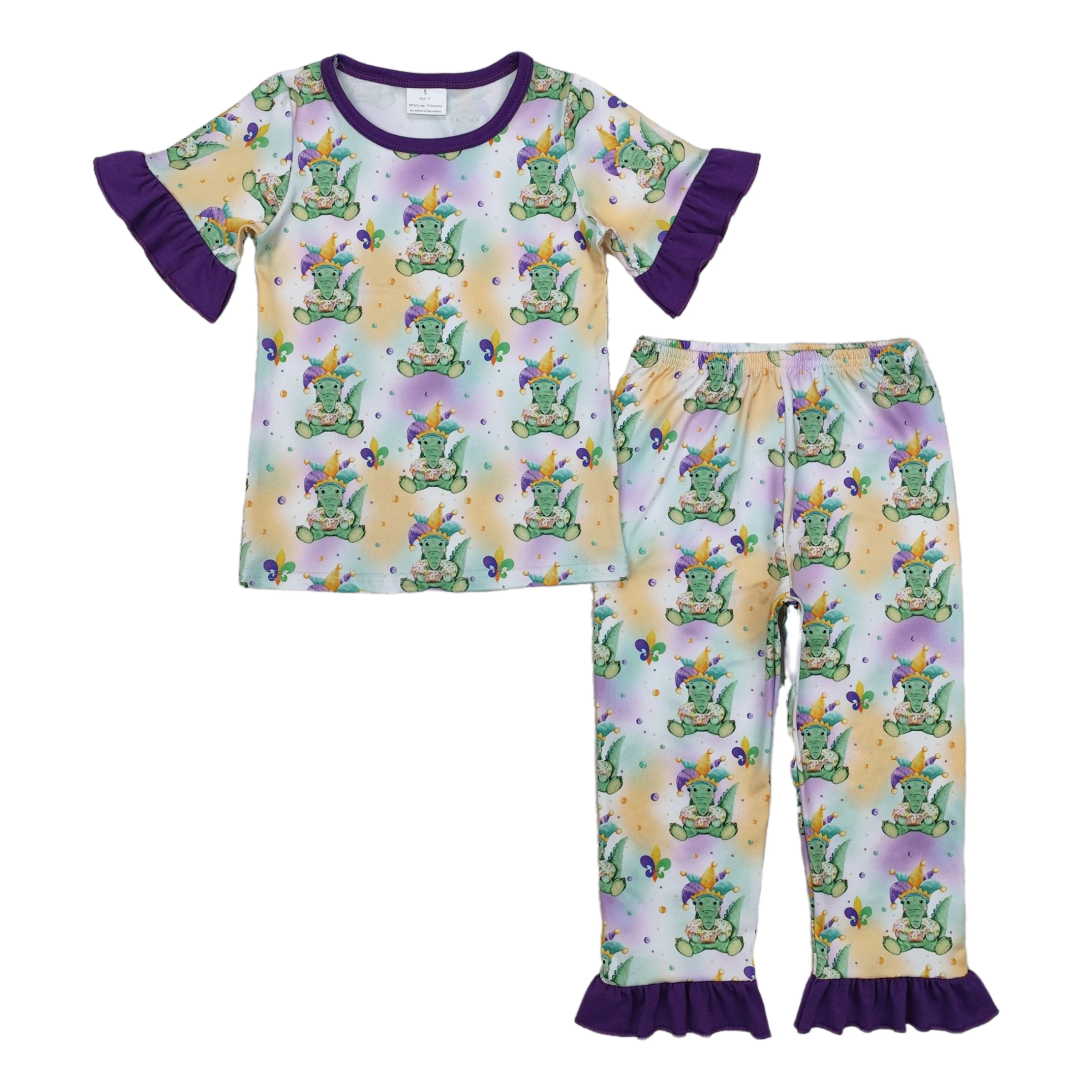 Wholesale Kids Infant Purple Ruffle Short Sleeves Shirt Children Legging Pants Toddler Nightwear Outfit Baby Girl Mardi Gras Set