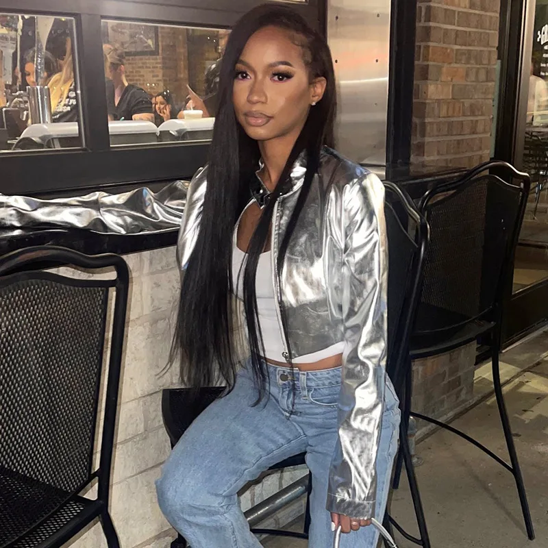 Modische PU-Lederjacke in Metallic-Farben für Damen, Herbst-Winter, Reißverschluss, Stehkragen, Bikerjacke, Street Style, Slim Fit, kurz