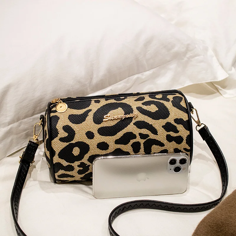 New European and American Retro Leopard Print Cylinder Bag Single Shoulder Crossbody Bag handbag  womens bag