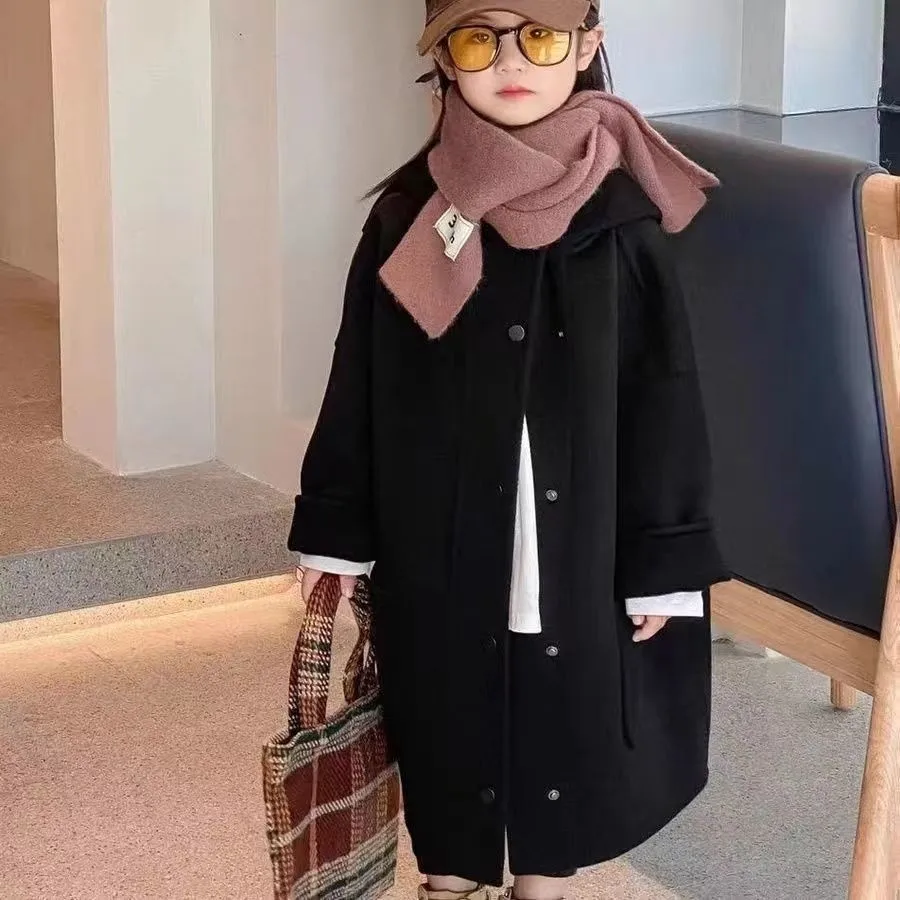 Girls Woolen Coat Autumn Winter Fashion Children's Double-sided Woolen Tweed Jacket with Hidden Buttons