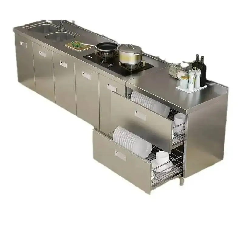 Kitchen Sideboard Stainless Cabinet 304 Steel Multi-door Cupboard Dining Room Locke Kitchen Storage Adjustable Shelf Cabinet