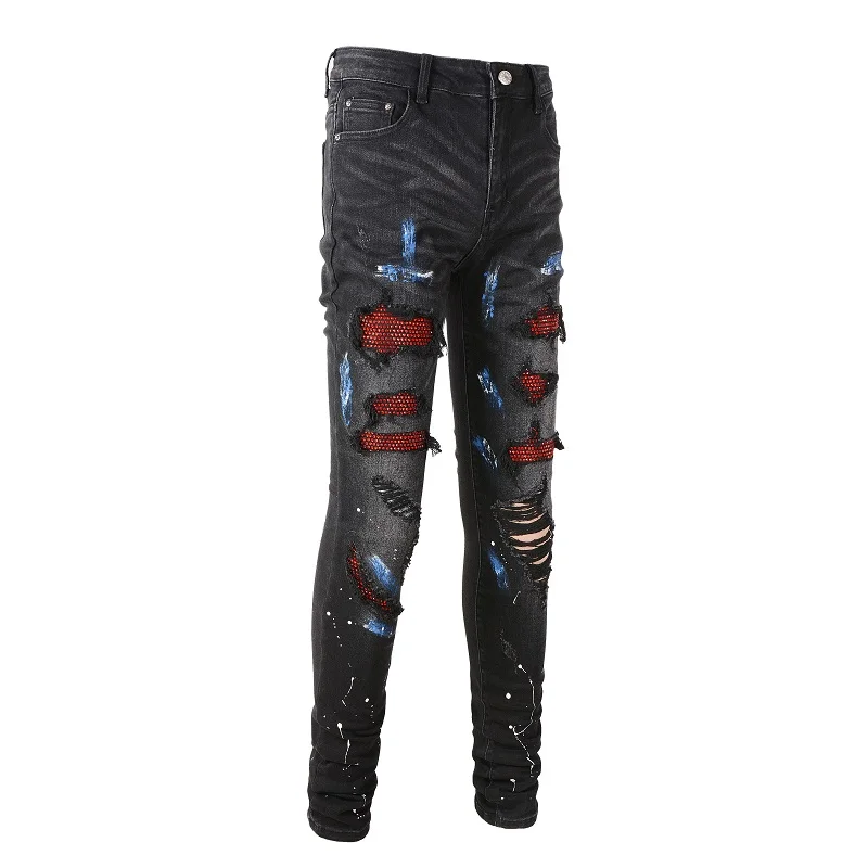 Herren-Jeans aus Stretch-Denim mit Kristallverzierung, Skinny-Schnitt, mit aufgemalten Löchern, zerrissene, schmal zulaufende Hose, Streetwear, Patchwork-Design, schwarze Hose. – Detail 5