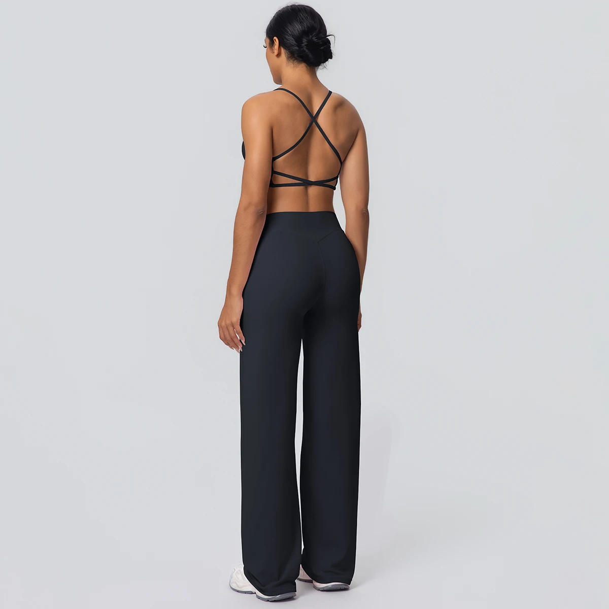 Frauen Gym Sport Yoga Anzug Sexy Schöne Zurück Yoga Unterwäsche Mit Brust Pad Einfarbig Hohe Taille Breite Bein Hosen Yoga Set – Detail 13