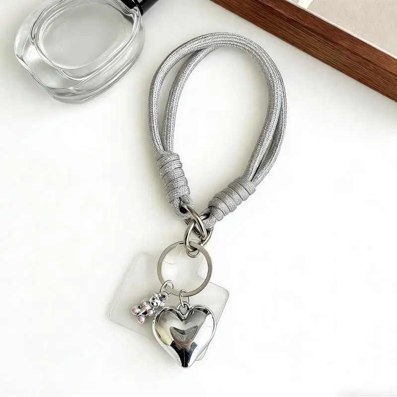 1Pc Silver Black Heart-shaped Bear Charm For Mobile Phone Hanger Cute Mobile Phone Wristband With A Tie String