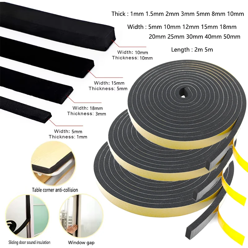 

1 roll 2-10m anti-collision sealing strip, foam insulating tape 1-10mm thick and 5-40mm wide EVA black sponge foam rubber tape