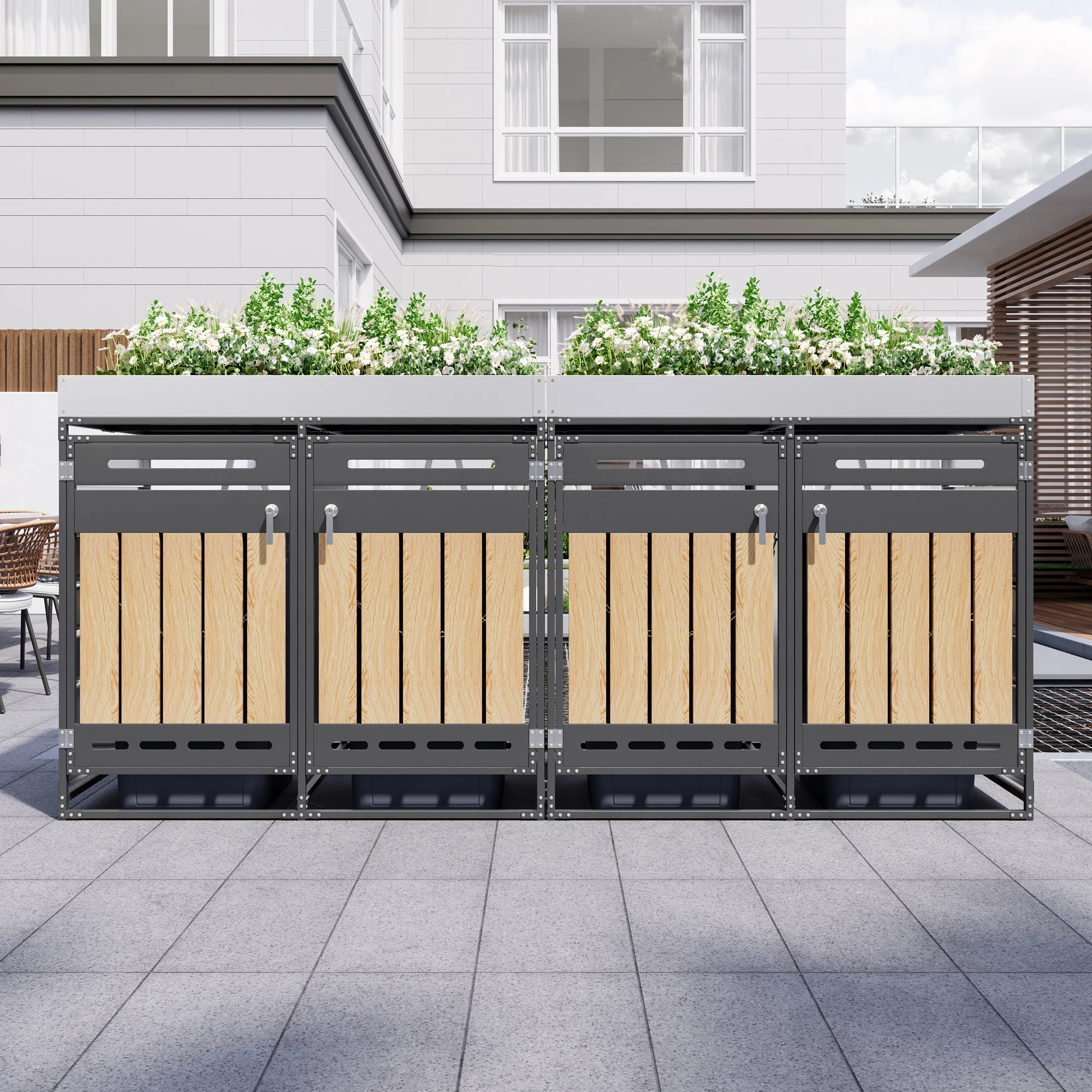 Contenedor de basura de hierro, 4 compartimentos para ventiladores de mano y jardinera integrada, para jardín/terraza, ventilación práctica, negro