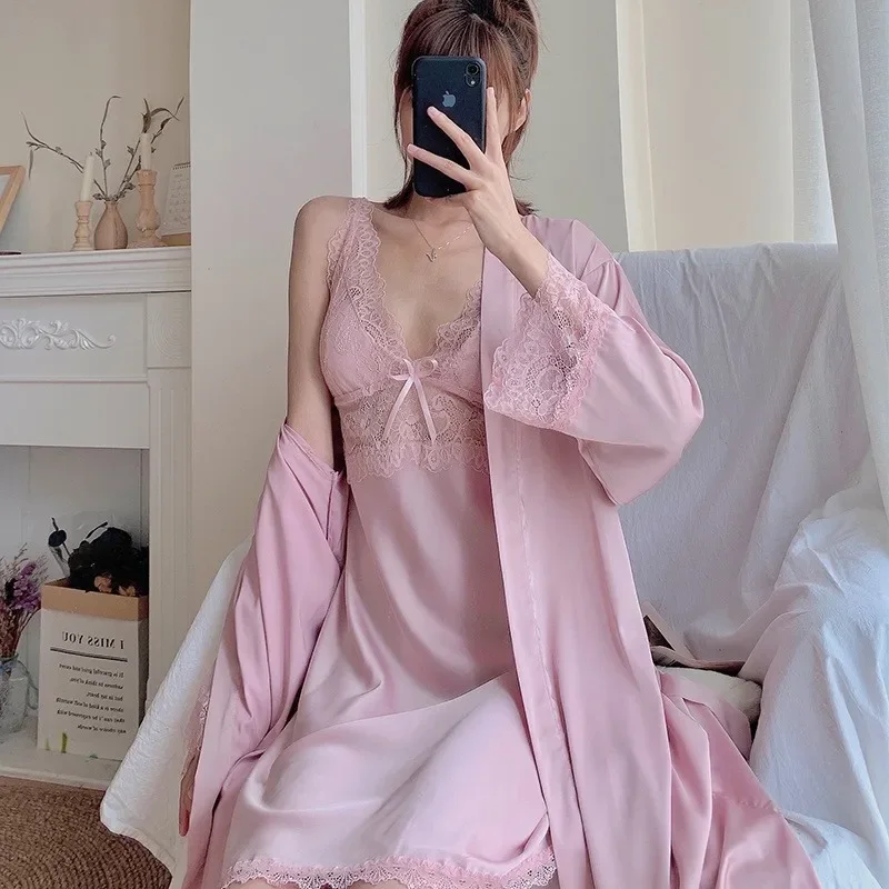 Summer Women Sleepwear Nightgown Pink Lace Bride Bridesmaid Wedding Robe Kimono Gown Sexy Sleep Set Silky Satin Loose Home Dress