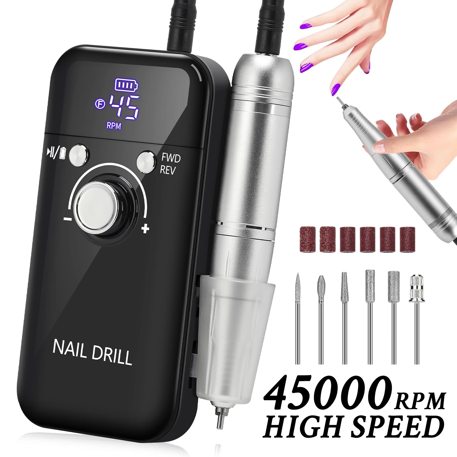 DianaBeauty 45000 U/min Nagelbohrmaschine, tragbarer Nagelpolierer, elektrische professionelle Nageldrehmaschine mit geringer Stimme und HD-LCD-Display