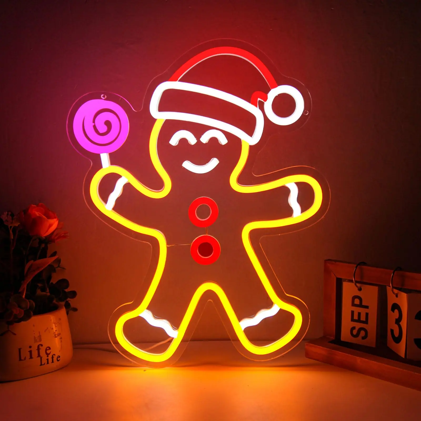 Insegna al neon Gingerbread Man per la decorazione della parete Natale dimmerabile Natale Camera da letto Soggiorno Camera dei bambini Festival Festa Regalo di Capodanno
