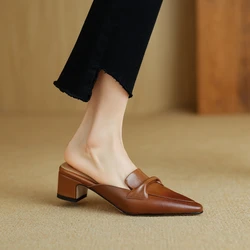 Women's New Spring/Summer Pointed Genuine Leather Cowhide Simple and Comfortable Mid Heel Large Headed Muller Slippers