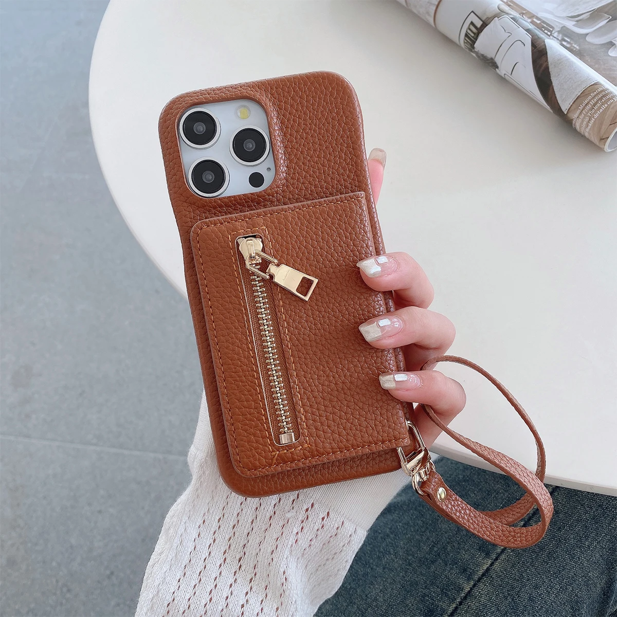 

Luxury Lanyard Fold Card Holder Pu Leather Phone Case For Iphone 15 14 13 12 11 Pro Max Lichee Pattern Small Mirror Zipper Cove