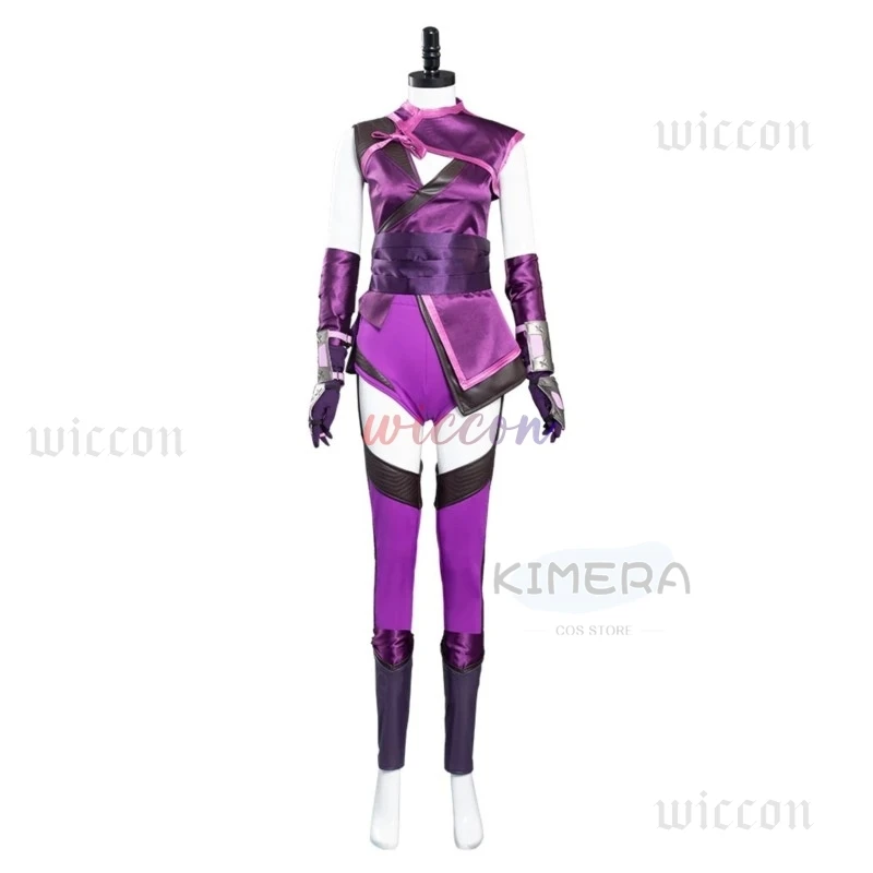 لعبة مورتال ميلينا كوسبلاي كومبا مجموعة كاملة زي مثير باللون الأرجواني للنساء ملابس تنكرية للهالوين بدلة كرنفال