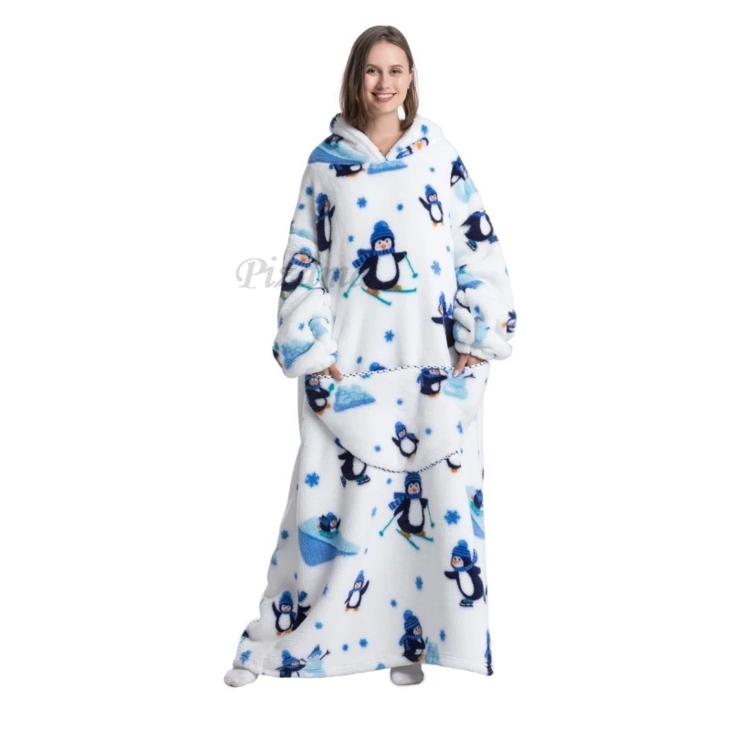 Women Plus Size Clothes Winter Hoodies Christmas Penguin Animal Cartoon Oversized TV Blankets Sleeping Blanket Adult Pullovers