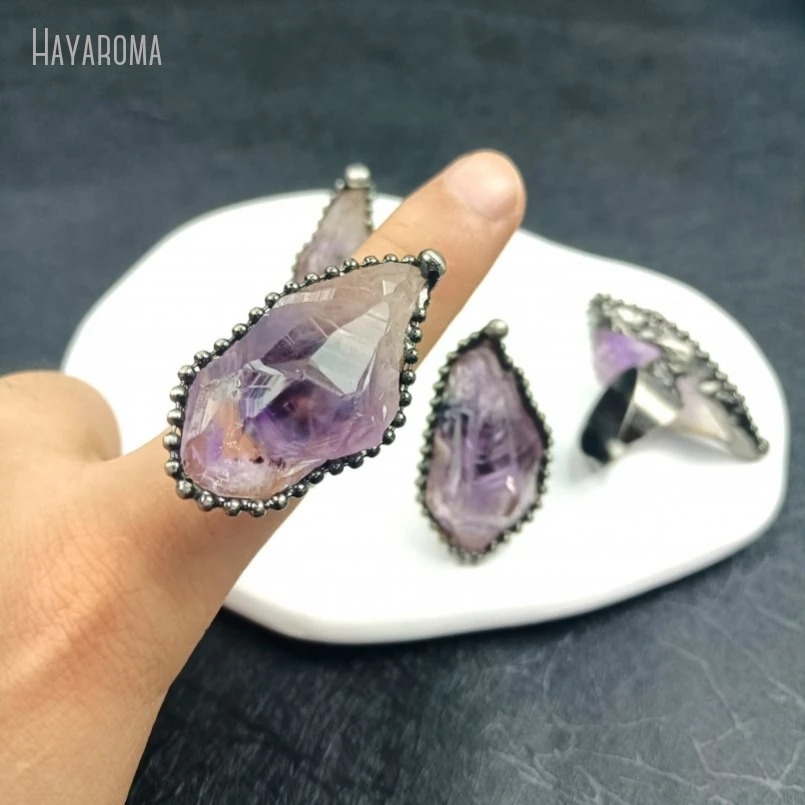 10Pcs Antique Silver Color Tin Amethysts Crystal Vintage Style Handmade Soldered Free Form Point Ring For Women Y2k Jewelry