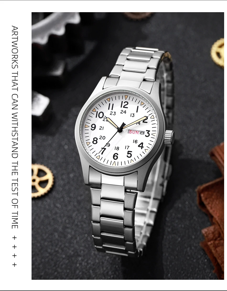 2026 Herren 38mm Leuchtende Zifferblatt-Uhr mit Tages- und Datumsanzeige, im Dunkeln leuchtend, grün, 30M wasserdicht, Felduhr mit Edelstahlarmband – Detail 3