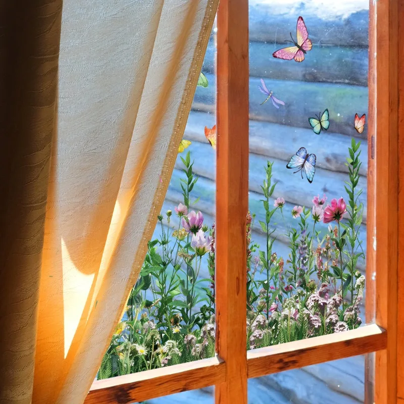 Vibrant Floral Butterfly Window Clings Double Sided Transparent Decals for Glass Doors Showcase Home Decor Stickers Posters