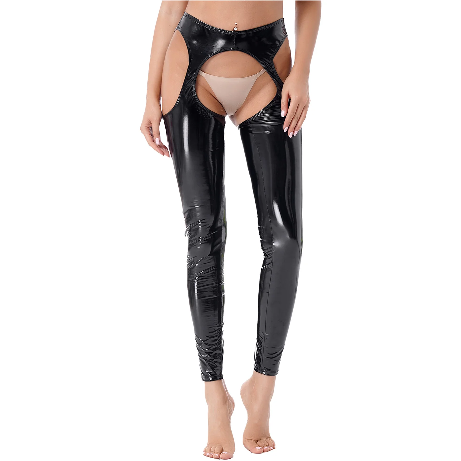 Womens Erotic Pants Wet Look High Waist Cutout Leggings Crotchless Open Butt Patent Leather Skinny Pants Leggings Clubwear Party