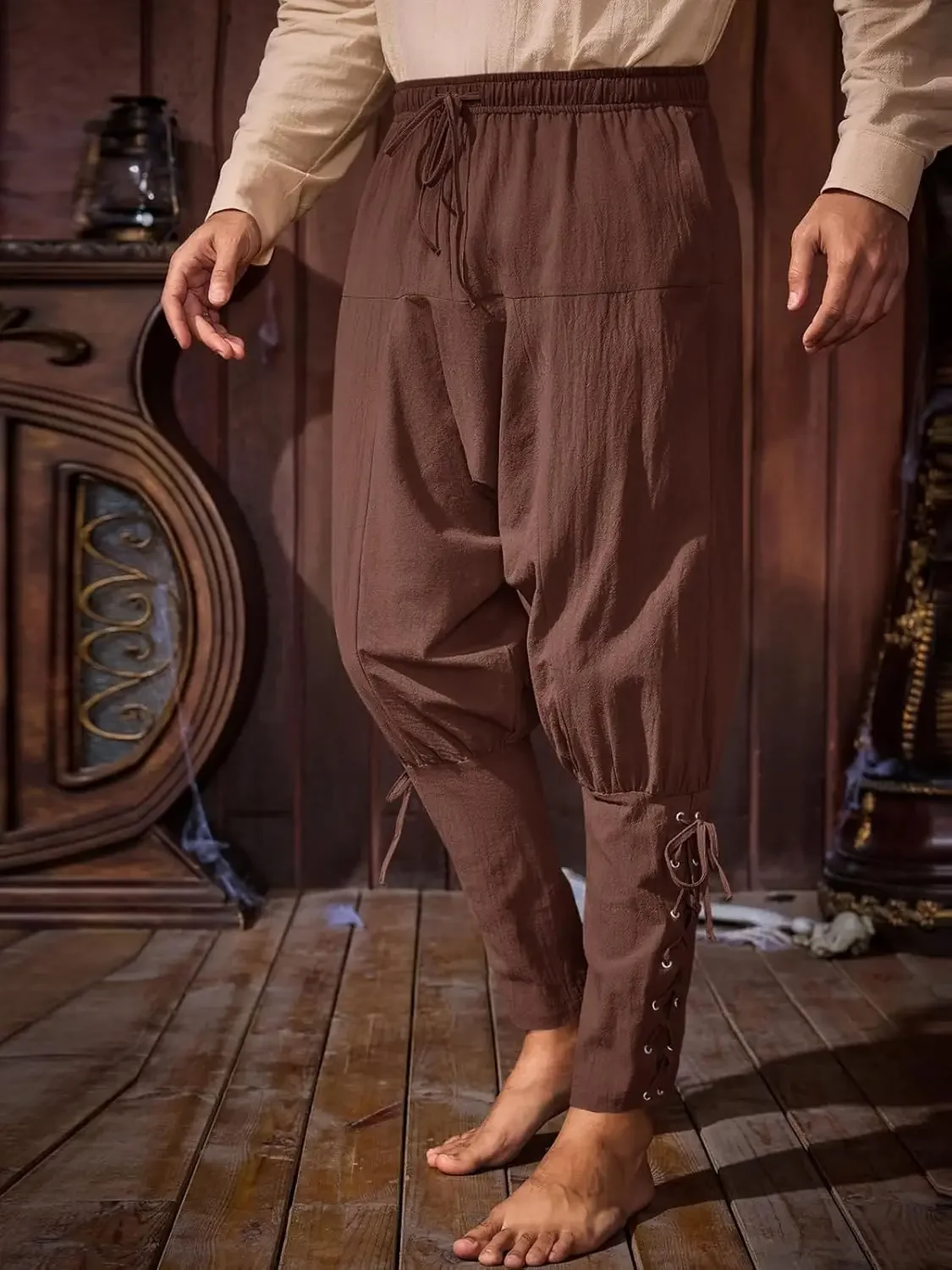 Mens Medieval Ankle Banded Pants Renaissance Viking Pirate Navigator Pants Lace Up Cotton Halloween Trousers