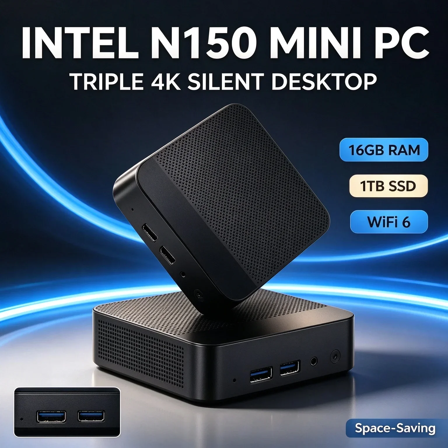NOVO Mini PC Compacto Intel N150 com Múltiplas Configurações, SSD NVMe, WiFi6, Triplo 4K, Silencioso, para Edição de Mídia em Casa e Escritório