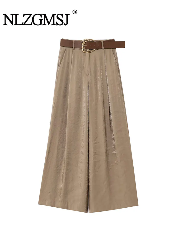 2025 été femmes soie Texture pantalon mode avec ceinture pantalon à jambes larges femme tempérament pantalon femmes pantalon décontracté