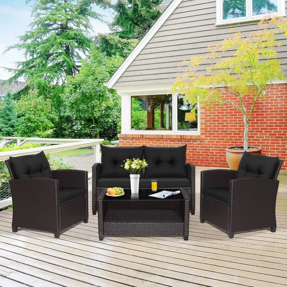 4 Pieces Patio Furniture Set Outdoor PE Rattan Conversation Sets with 2-Tier Coffee Table, Patio Furniture Set