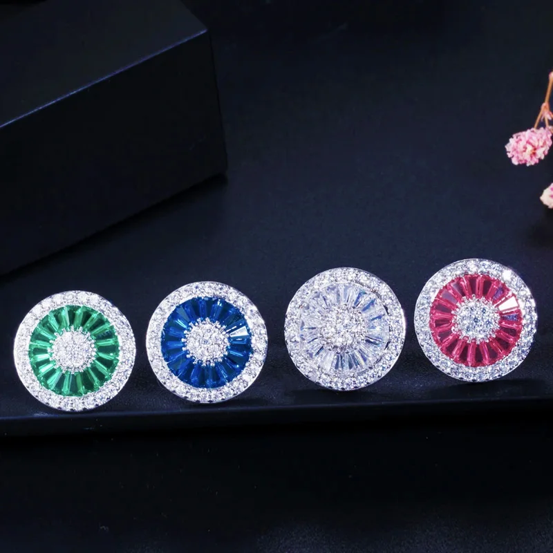 Pera Elegant Green Red Blue Cubic Zirconia Pave Setting Silver Color Women Party Big Round Shape Stud Earrings for Gift E207