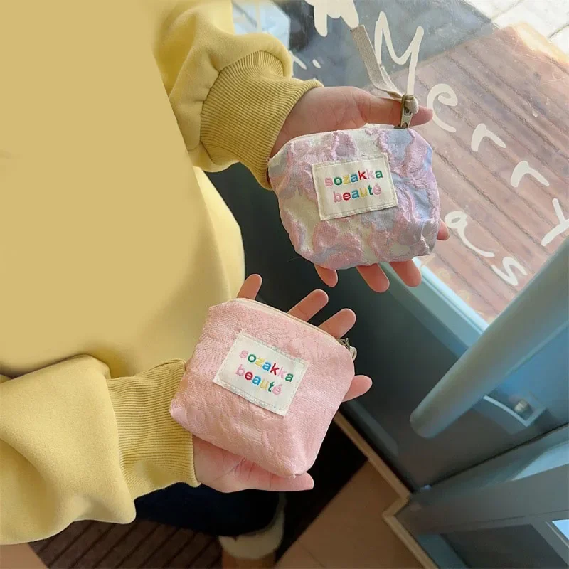 Flower Canvas Cotton Coin Purse Zipper Coin Pouch Key Bag Money Pocket Women Hand-held Coin Bag Card Holder Kids Small Wallet