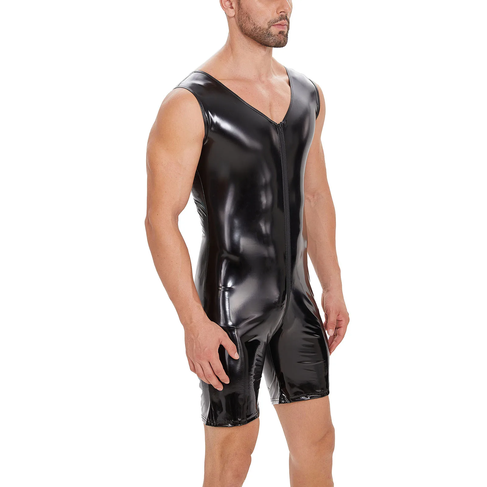 

Sexy Men PVC Faux Leather Bodysuit Nightclub Costumes Tight Pouch Leotard Sleeveless Zip-up Open Crotch Jumpsuit Erotic Lingerie