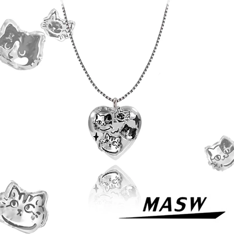 

MASW Original Design Lovely Style Adjustable Chain Heart Multi Cats Pendant Necklace For Women Girl Gift Trend Jewelry Hot Sale