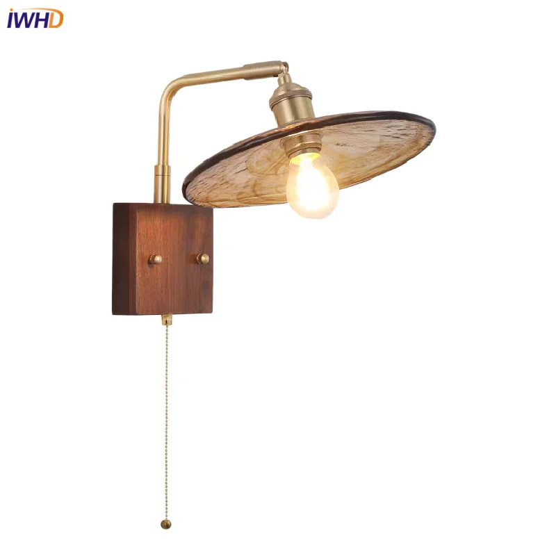 IWHD Amber Glass LED Wall Light Fixture Hotel Dining Living Room Modern Simple Luxury Pull Chain Switch Walnut Wood Bedside Lamp