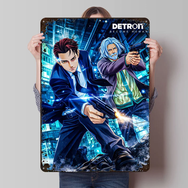 Affiche métallique personnalisée avec personnages de Detroit: Become Human, art mural rétro vintage, panneaux en métal pour la décoration de la salle des hommes, de la chambre ou de la maison