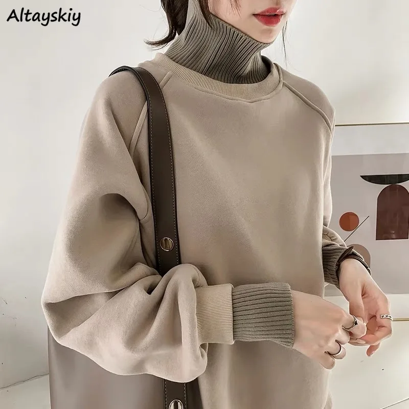 

Sweatshirts Womens 4XL Patchwork Thick Aesthetic Harajuku Loose Turtleneck Women Street Style Trendy Korean Fashion Simple New