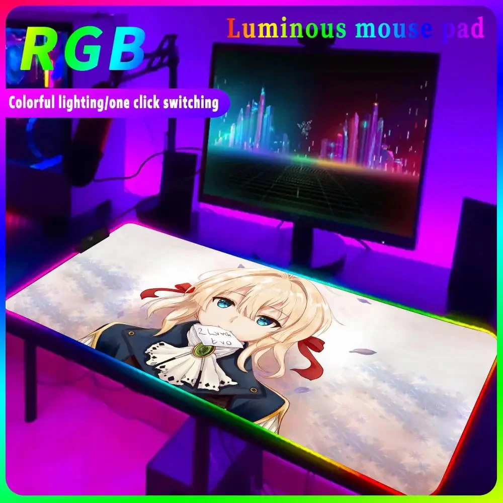 

V_violet E_evergarden Anime RGB Mouse Pad High Definition Printing Mousepad INS trend Student Writing Pad Luminous Desk Mat