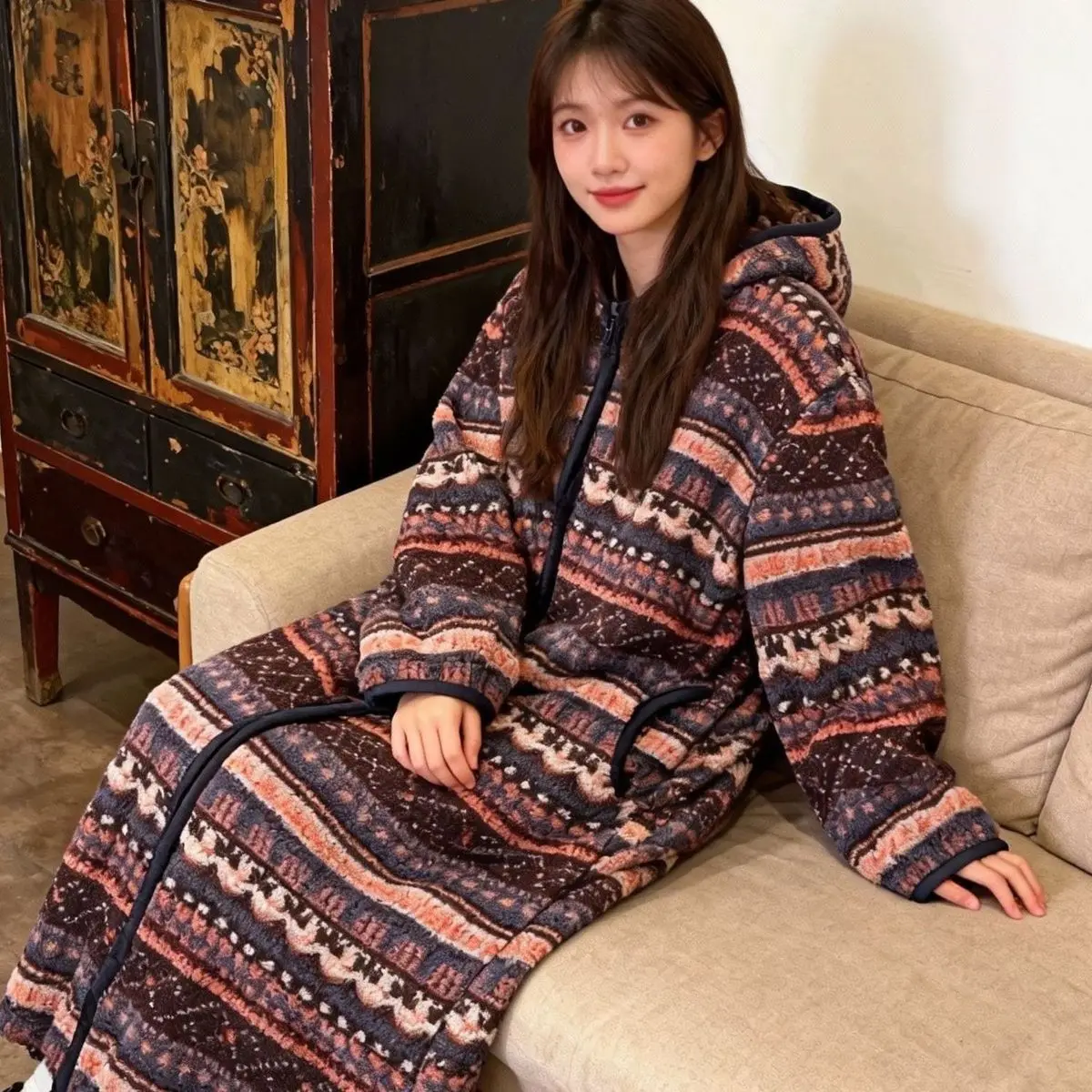 Pajamas Nightgowns Long-Sleeve Hooded Zipper Sweatshirts Warm Fleece Thick Winter Women's Outerwear Printed Versatile Casual1