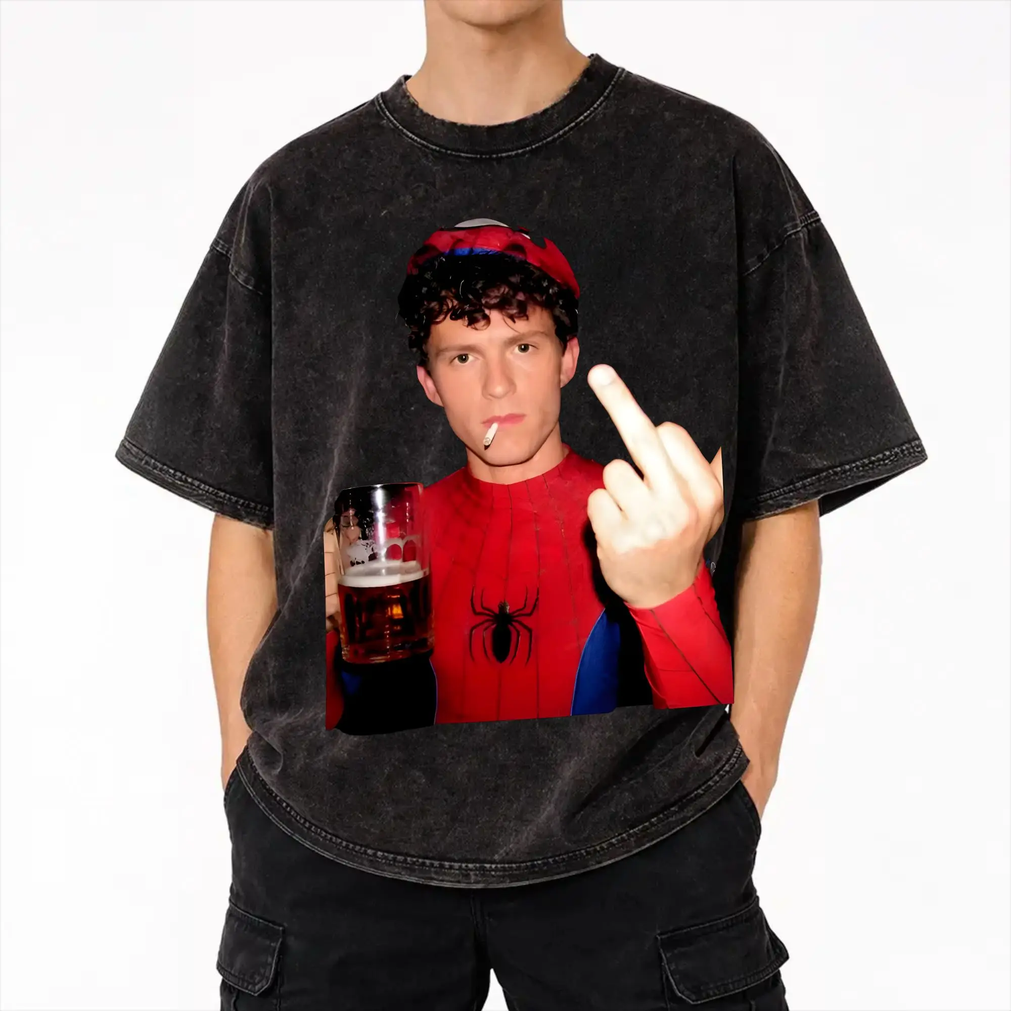 Tom Hollands Middle Finger  Washed T Shirt Streetwear Hip Hop Novelty T-Shirts  Tees Tops for Men Women Short Sleeve Harajuku