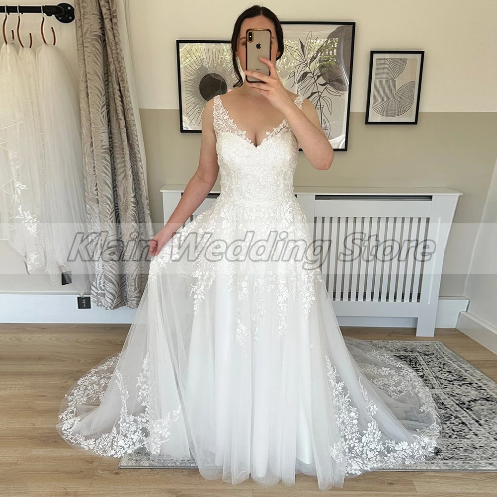 Weilinsha Appliques Tulle Wedding Dress 2024 Woman V Neck Sleeveless Lace Civil Bridal Gown A Line Chapel Train Vestido De Novia