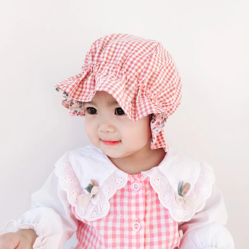 Two-Sided Baby Hats Spring Summer Bucket Caps Plaid Floral Kids Boys Girls Sun Hat