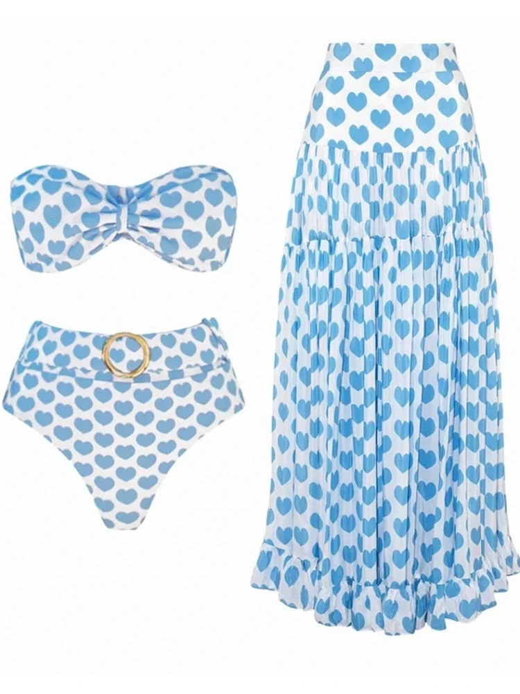 Bikini azul Retro, traje de baño de una pieza estampado a la moda y cubierta con falda ajustada, vendaje para mujer, playa de verano, elegante de lujo