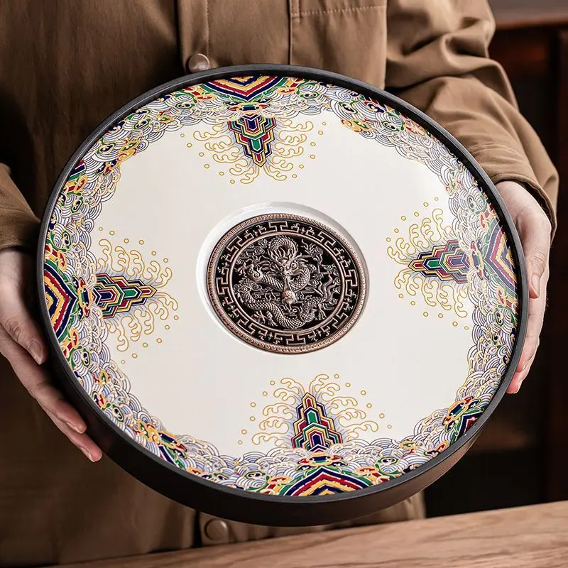 Ceramic round tea tray, dual-purpose for household water storage and drainage, tea sea, and outdoor tea tray