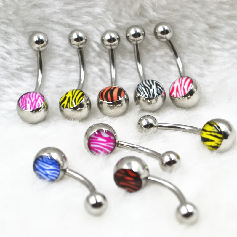 100pcs Nice Zebra Strip Navel Belly Ring Button Bar Body Piercing Jewelry Banana Curbar Barbless 14G Mix Logos