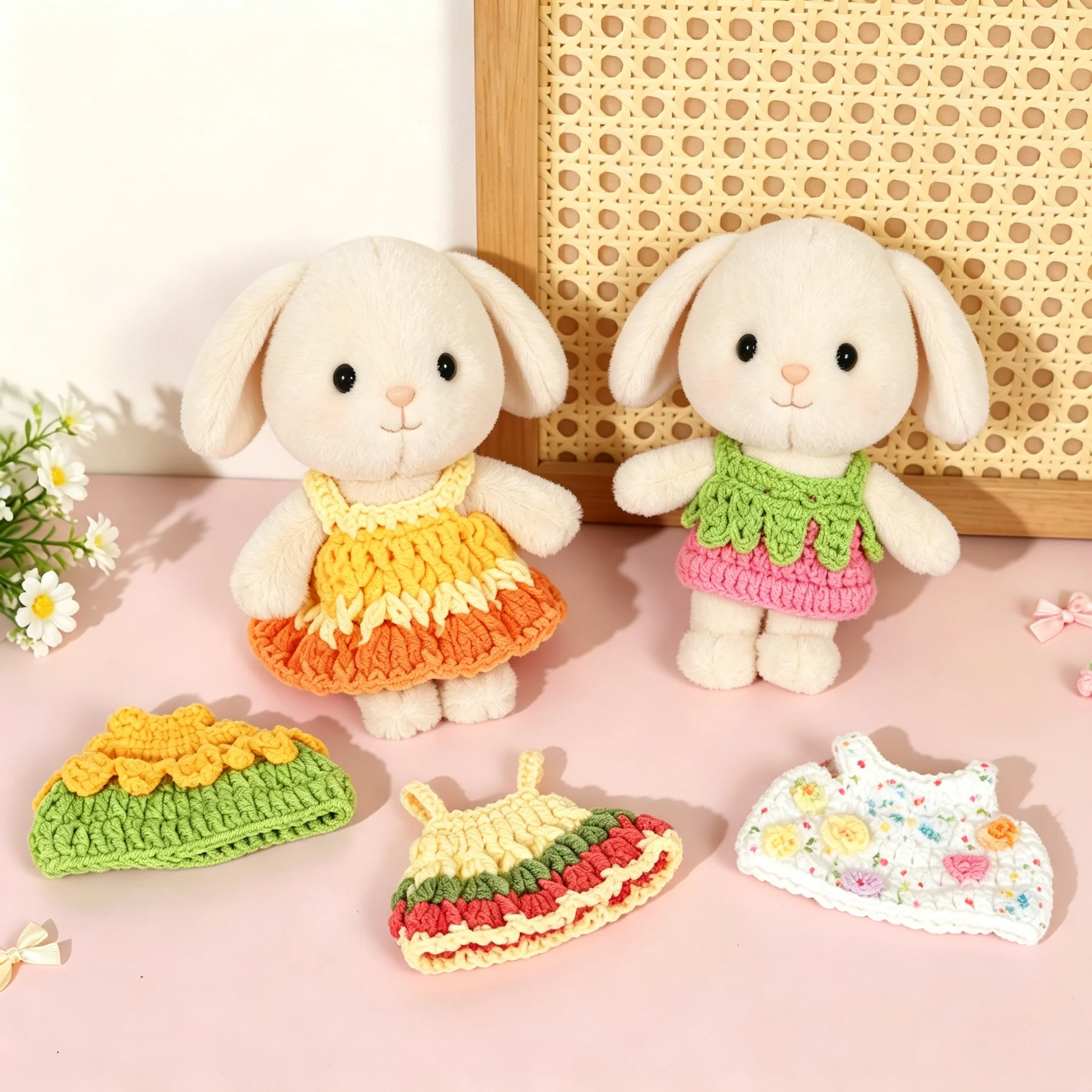 Handmade Crochet Doll Dress Mini Knitted Skirt Colorful Strap Outfit Accessories For Fluffy Rabbit Plush Doll Doll Clothing