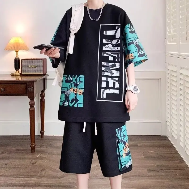 S-6XL Large Men's Sports Suit Japan High Street Fashion T-shirt Shorts Two-piece Set Men Retro New Neck Top Designer Clothes Men